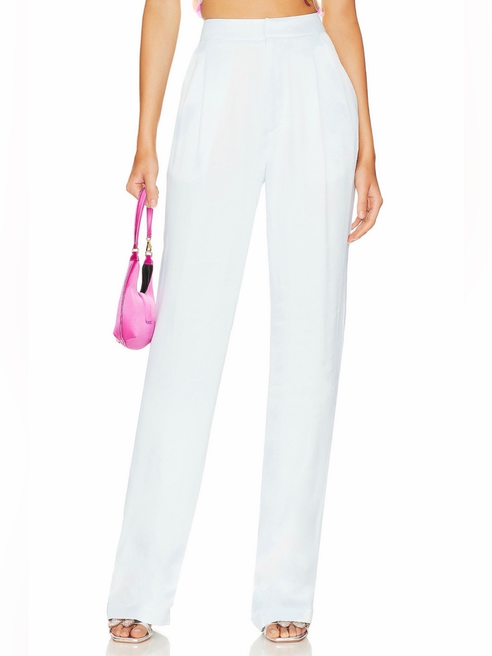 LPA Revolve Eleonora Icy Light Blue High Rise Wide Leg Satin Trouser Pants L NWT